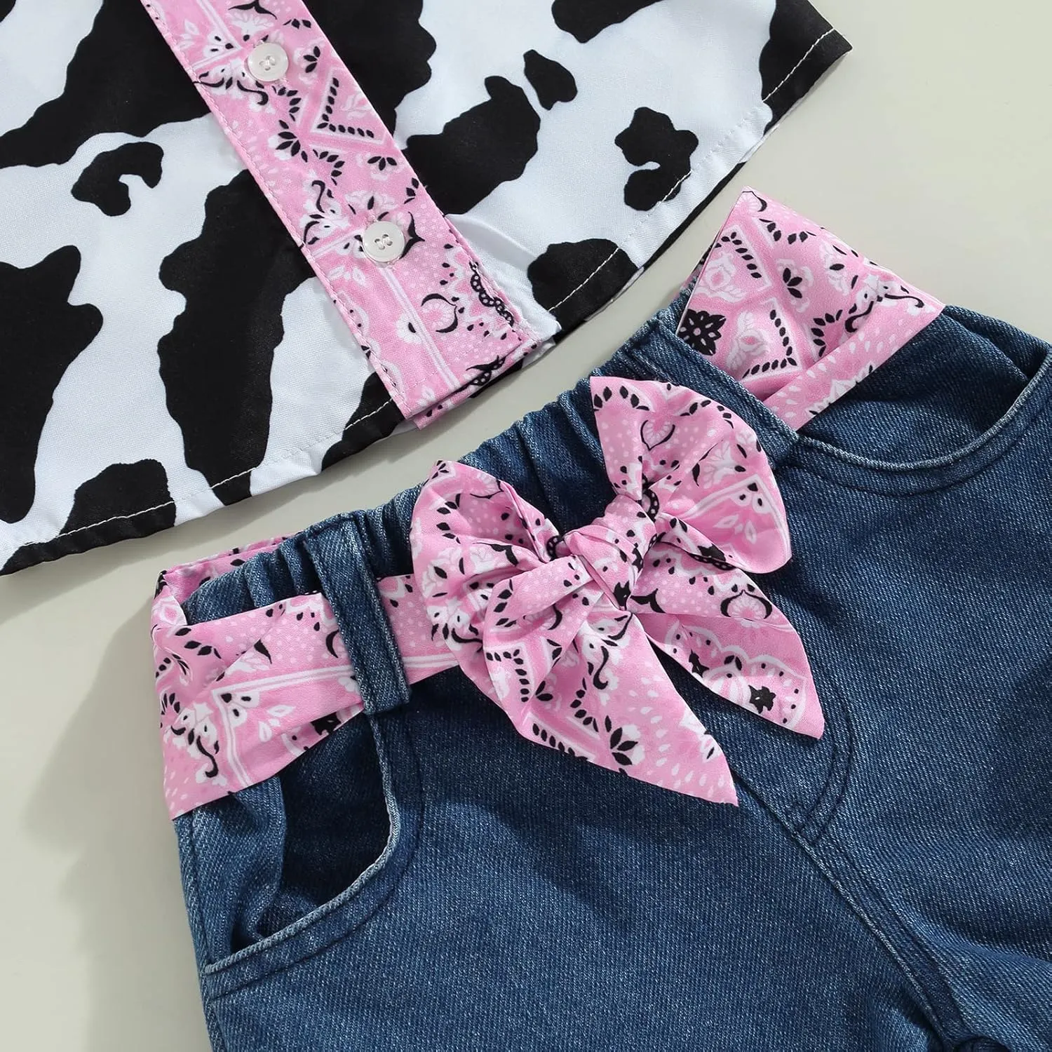 Emmababy Western Toddler Girls Denim Outfits Ruffle Sleeveless Cow Print Shirt Button Down Tops Belted Wide Leg Jeans Shorts