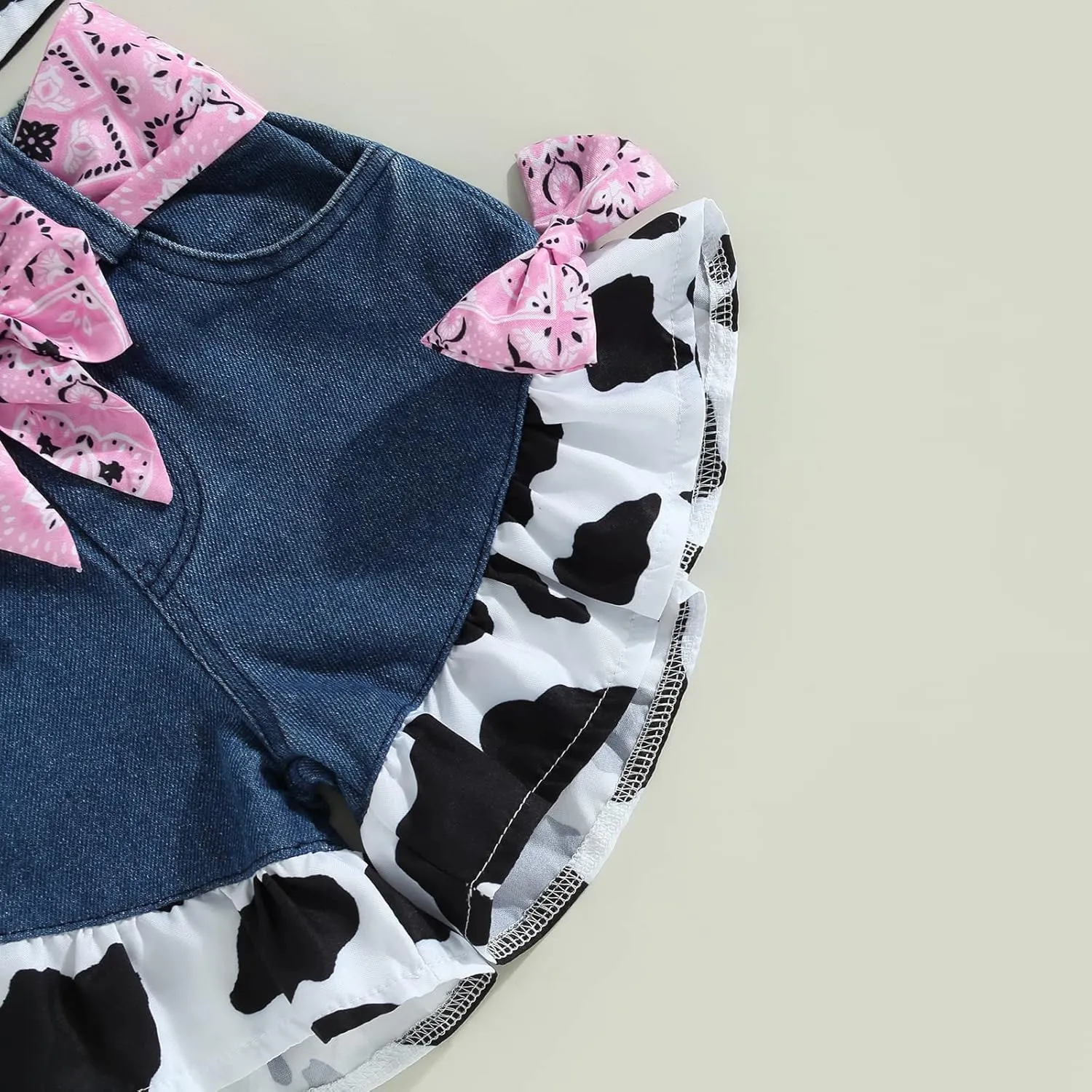 Emmababy Western Toddler Girls Denim Outfits Ruffle Sleeveless Cow Print Shirt Button Down Tops Belted Wide Leg Jeans Shorts