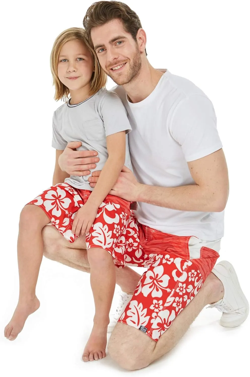 Father Son Matching Hawaiian Beach Board Shorts Swimwear Spandex in Classis Hibiscus Print