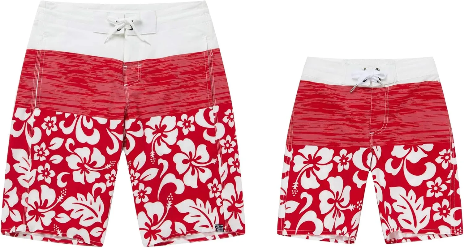 Father Son Matching Hawaiian Beach Board Shorts Swimwear Spandex in Classis Hibiscus Print