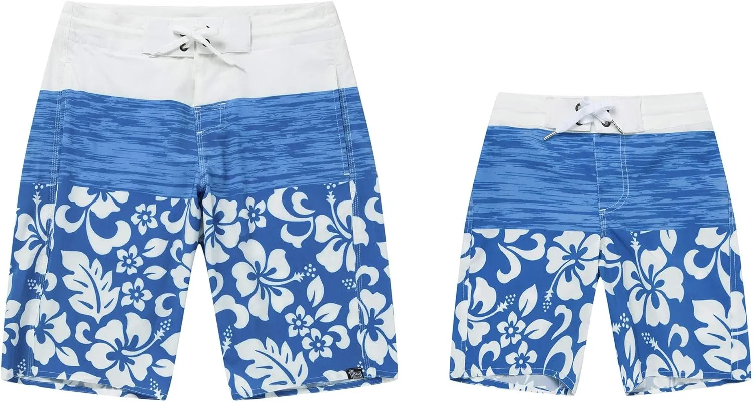 Father Son Matching Hawaiian Beach Board Shorts Swimwear Spandex in Classis Hibiscus Print