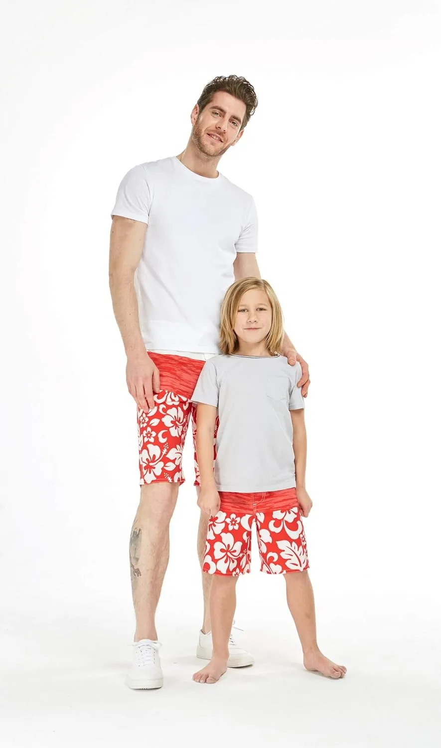 Father Son Matching Hawaiian Beach Board Shorts Swimwear Spandex in Classis Hibiscus Print