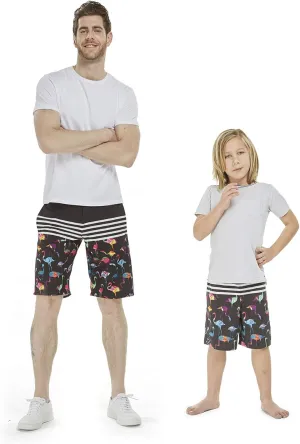 Father Son Matching Hawaiian Beach Board Shorts Swimwear Spandex in Flamingo Party