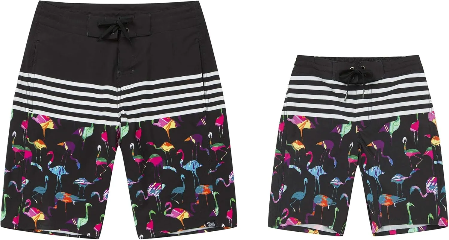 Father Son Matching Hawaiian Beach Board Shorts Swimwear Spandex in Flamingo Party