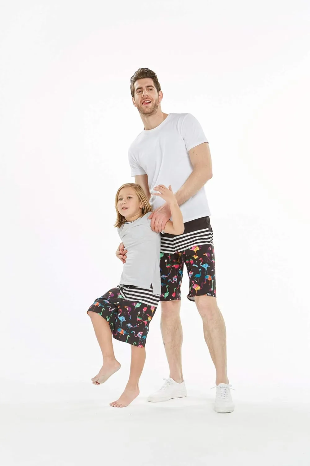 Father Son Matching Hawaiian Beach Board Shorts Swimwear Spandex in Flamingo Party