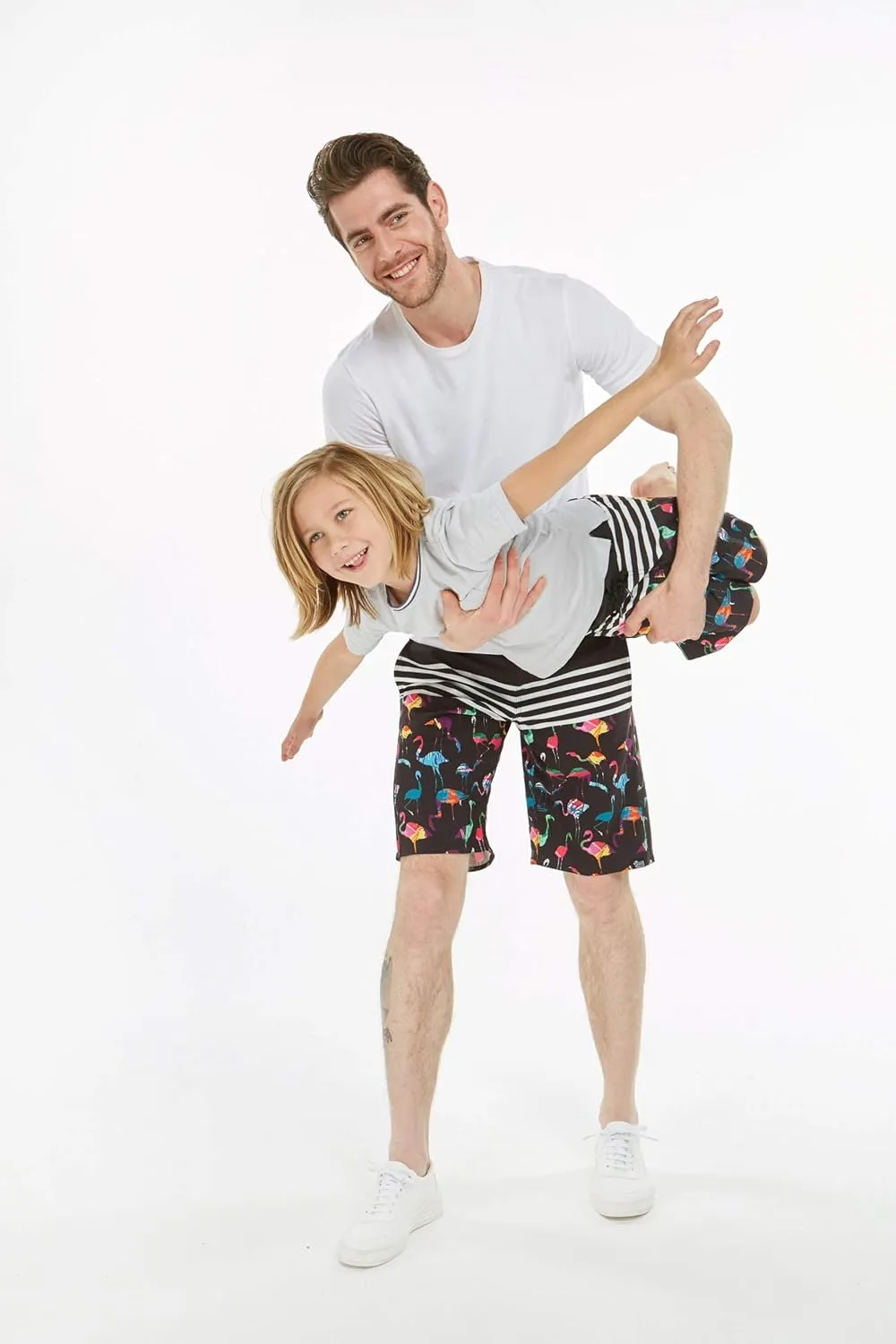 Father Son Matching Hawaiian Beach Board Shorts Swimwear Spandex in Flamingo Party