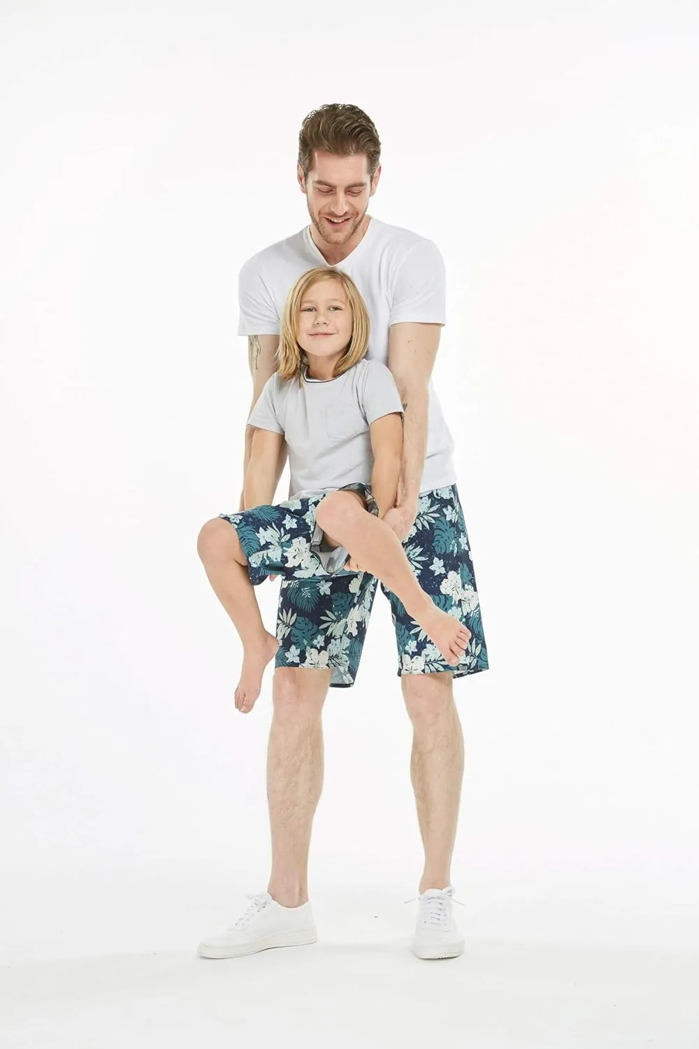 Father Son Matching Hawaiian Beach Board Shorts Swimwear Spandex in Flamingo Party