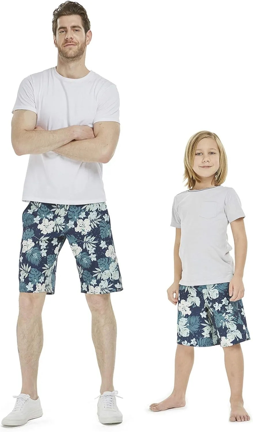 Father Son Matching Hawaiian Beach Board Shorts Swimwear Spandex in Flamingo Party