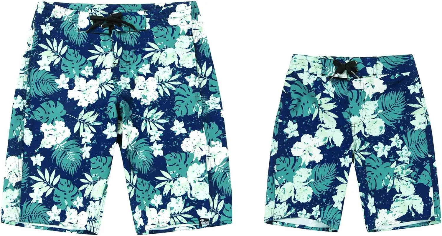 Father Son Matching Hawaiian Beach Board Shorts Swimwear Spandex in Flamingo Party