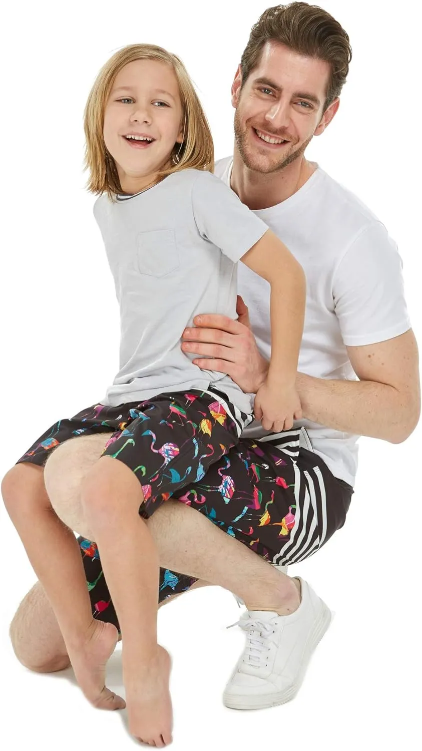 Father Son Matching Hawaiian Beach Board Shorts Swimwear Spandex in Flamingo Party