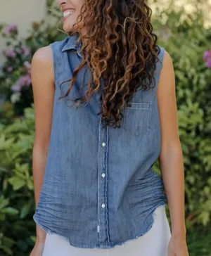 FIONA Sleeveless Button down in Vintage Stonewashed Indigo