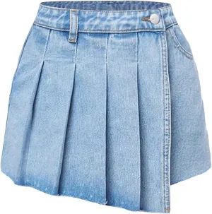 Floerns Girls Pleated Panel Wrap Asymmetrical Hem Skorts Denim Shorts