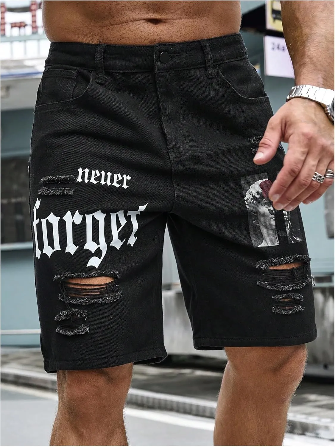 Floerns Men's Y2k Graphic Print Bermuda Jorts Grunge Distressed Denim Jean Shorts