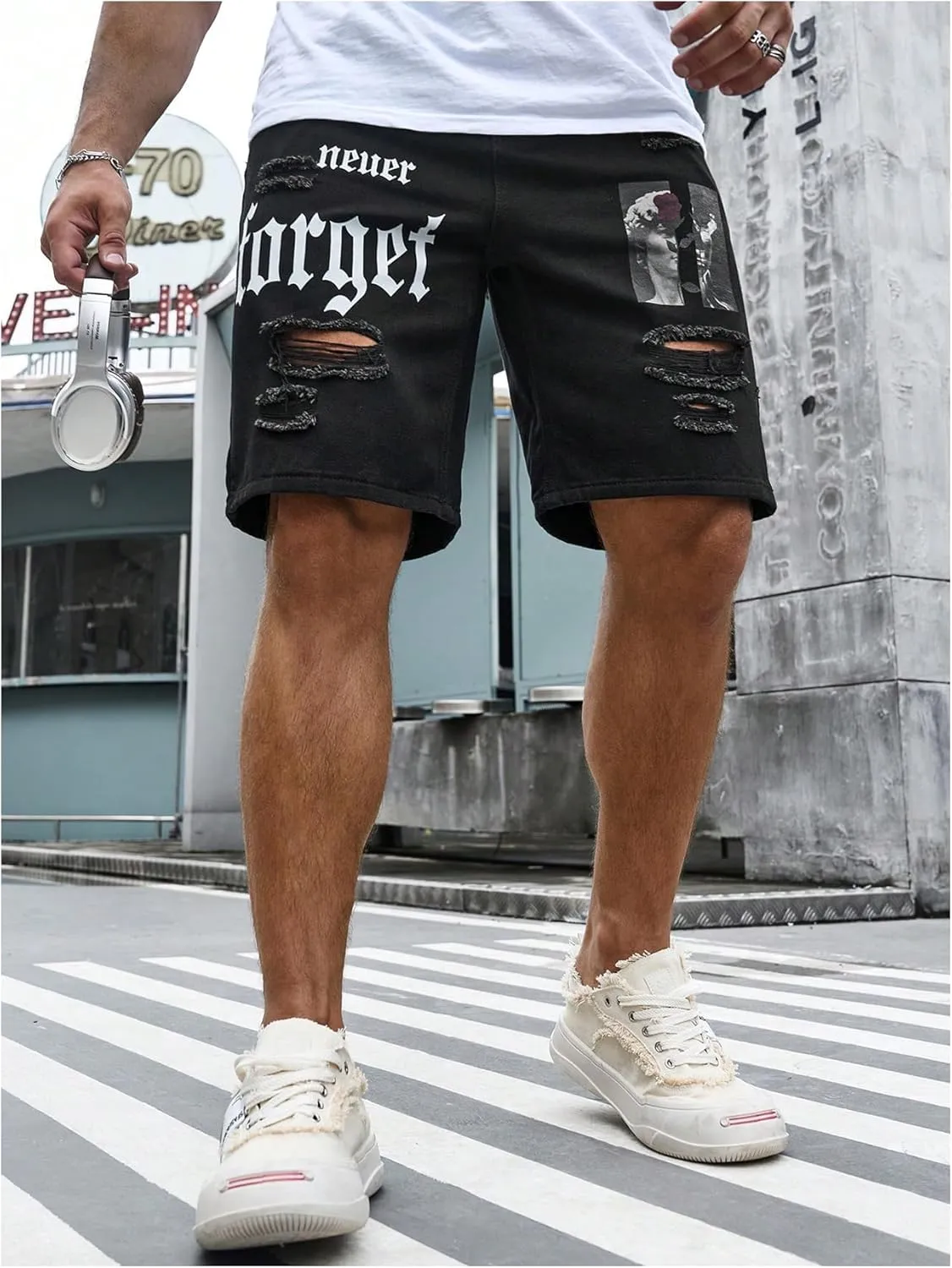 Floerns Men's Y2k Graphic Print Bermuda Jorts Grunge Distressed Denim Jean Shorts