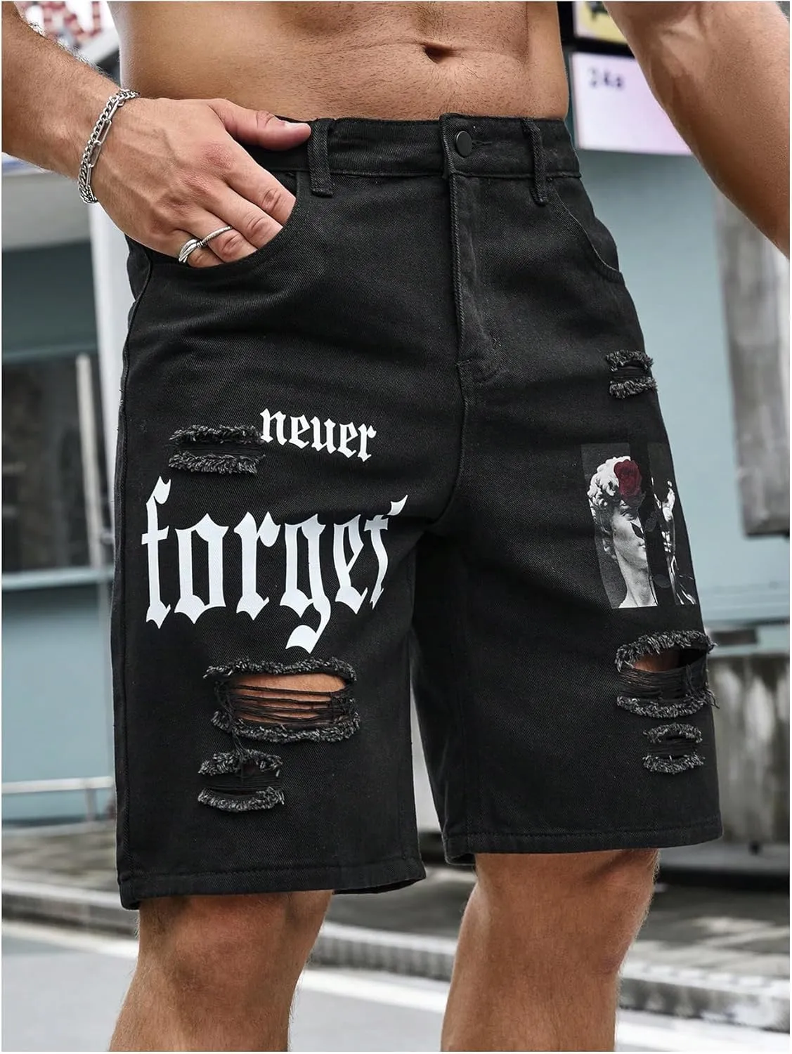 Floerns Men's Y2k Graphic Print Bermuda Jorts Grunge Distressed Denim Jean Shorts
