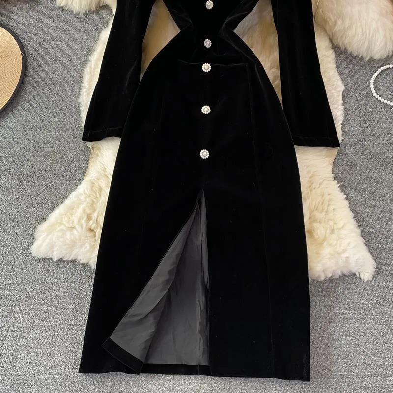 French Vintage Velvet Dress Elegant Long Sleeve Slit Dress Long Dress 355