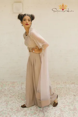 Grey Crop-Top N Palazzo Pant with Cape - Elegant, Contemporary Style