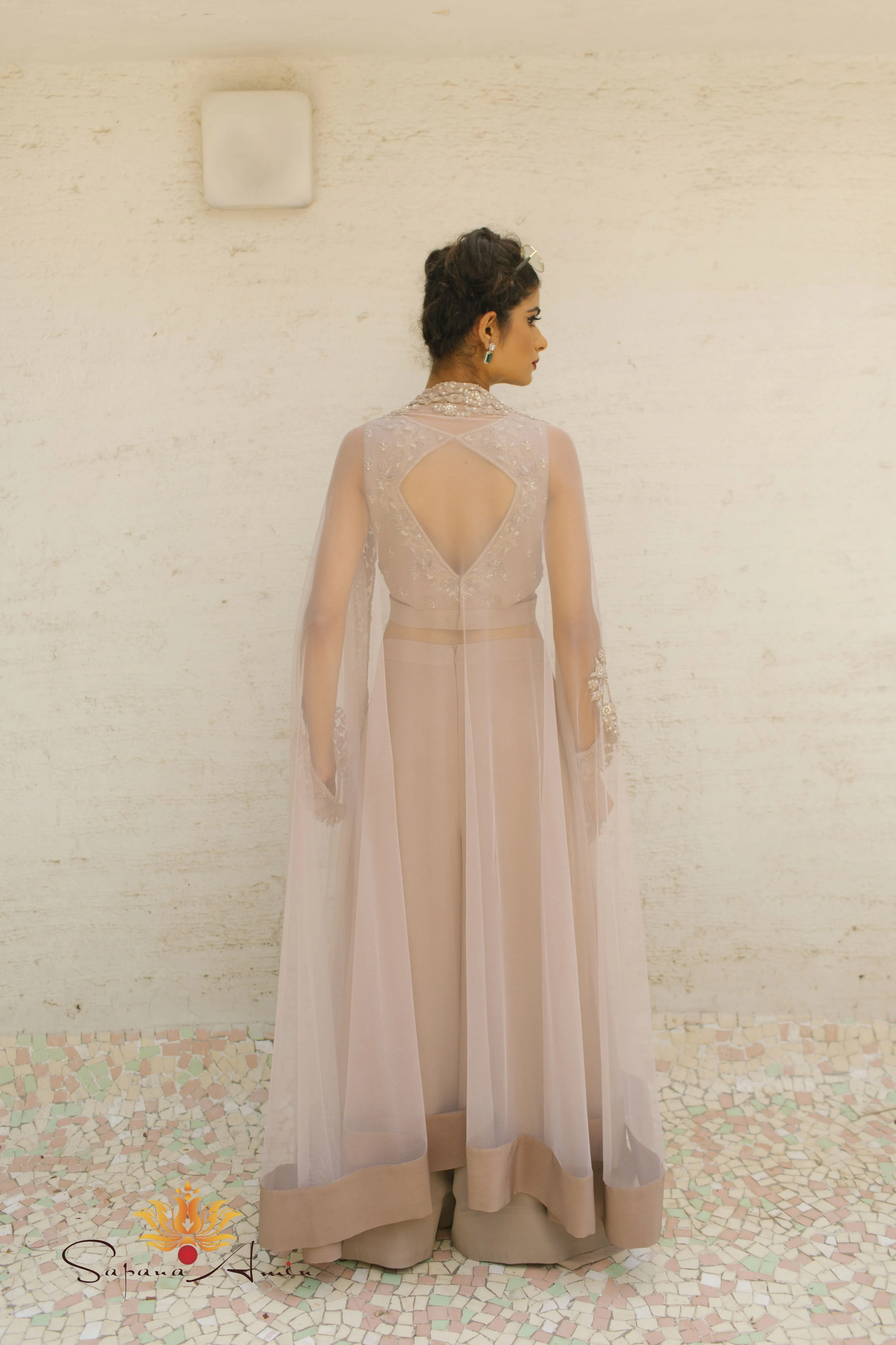 Grey Crop-Top N Palazzo Pant with Cape - Elegant, Contemporary Style