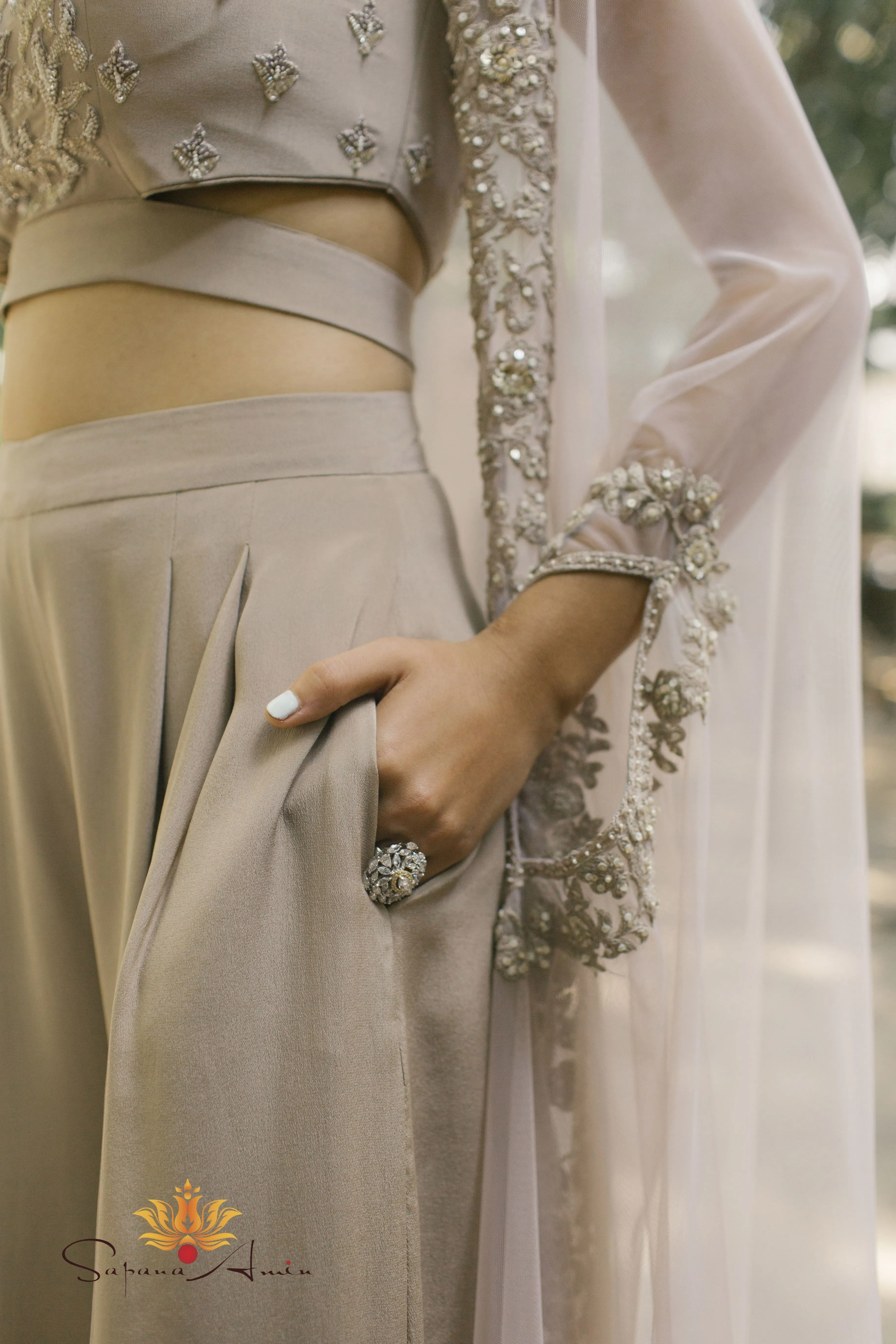 Grey Crop-Top N Palazzo Pant with Cape - Elegant, Contemporary Style