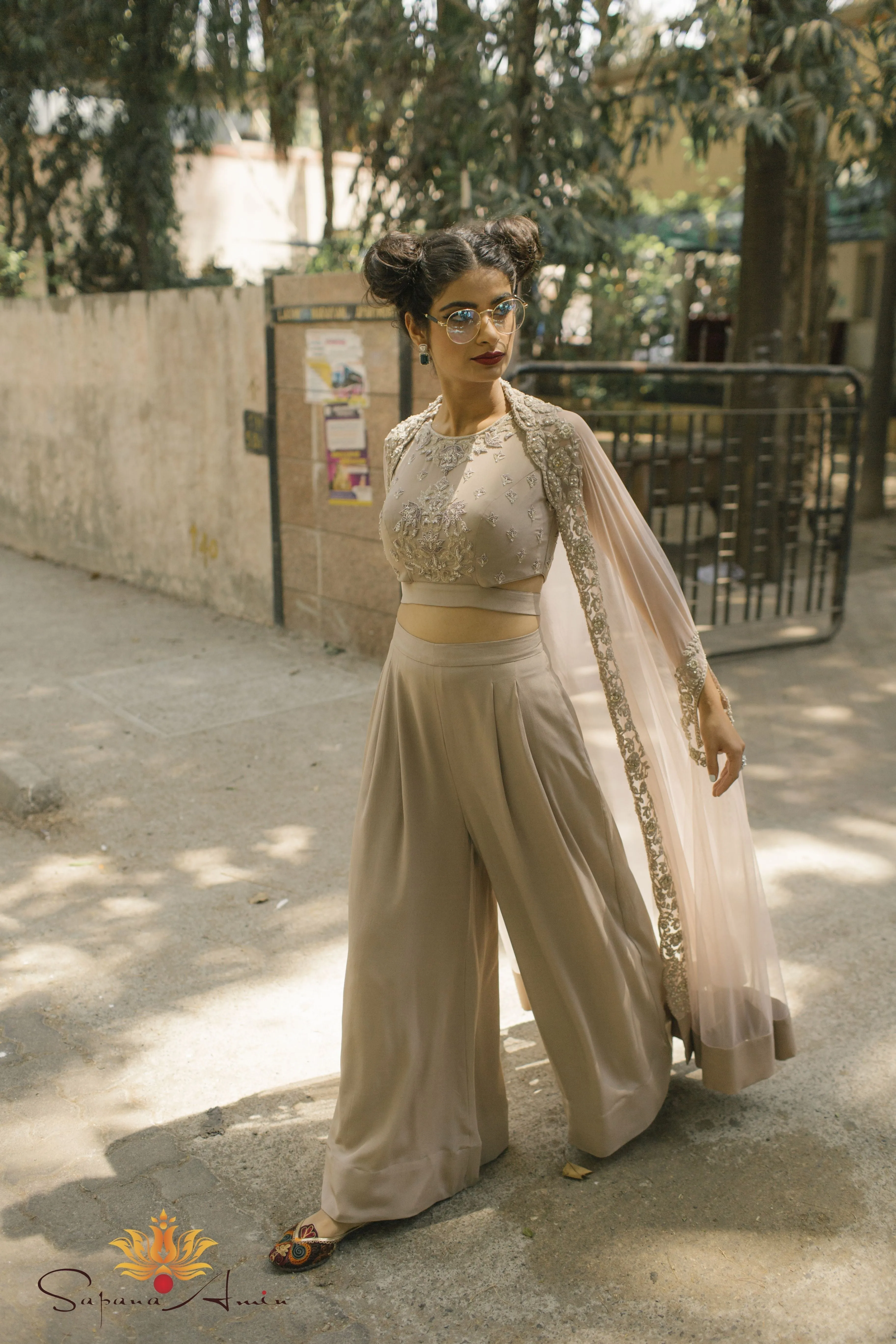 Grey Crop-Top N Palazzo Pant with Cape - Elegant, Contemporary Style