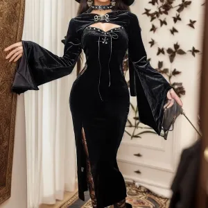 Halloween Long Suit See Through Velvet Lace Cutout High Slit Button Lace-Up Party Casual Gothic Dress