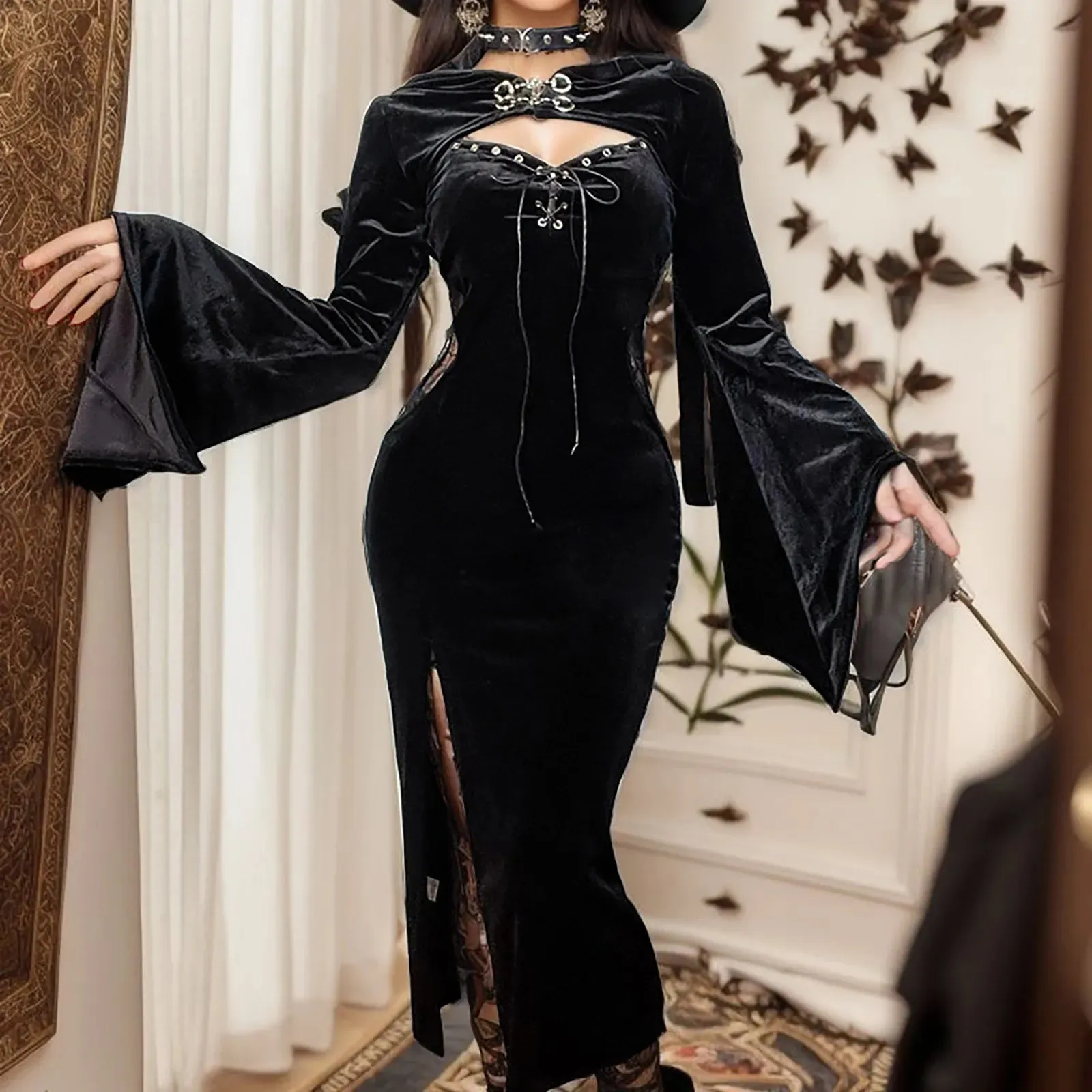 Halloween Long Suit See Through Velvet Lace Cutout High Slit Button Lace-Up Party Casual Gothic Dress