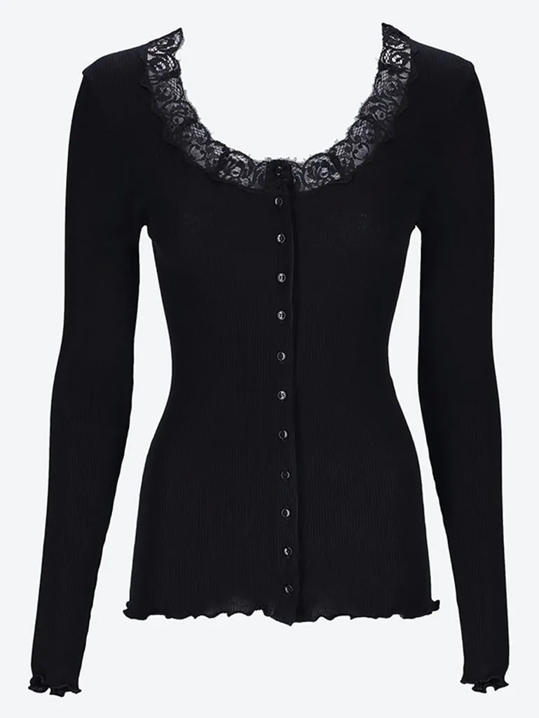 Laced cardigan in ribbed wool and silk