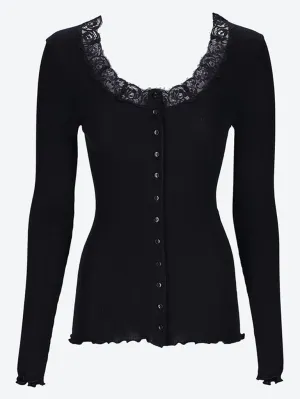 Laced cardigan in ribbed wool and silk