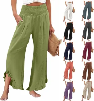 Linen Palazzo Pants for Women 2025 High Waist Summer Wide Leg Pants Lightweight Drawstring Smocked Lounge Trousers