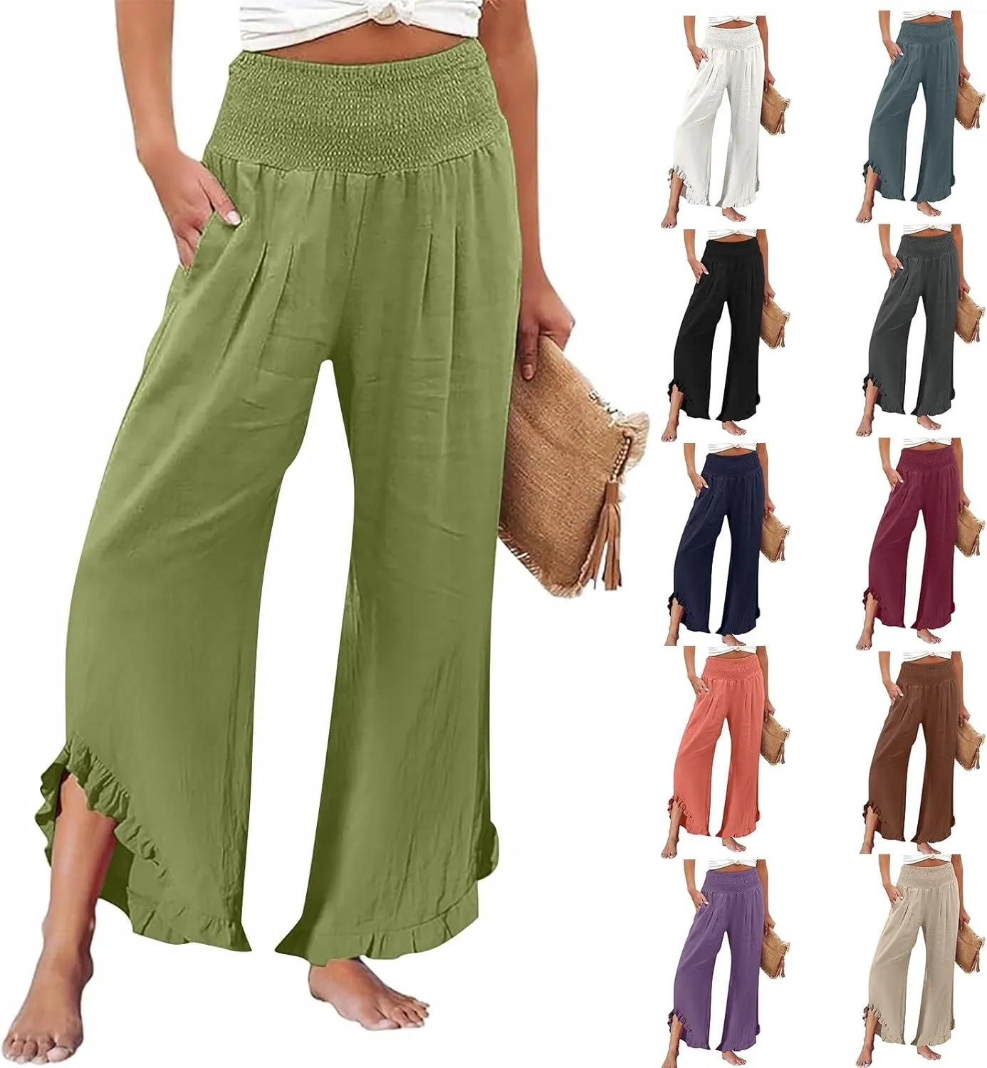 Linen Palazzo Pants for Women 2025 High Waist Summer Wide Leg Pants Lightweight Drawstring Smocked Lounge Trousers