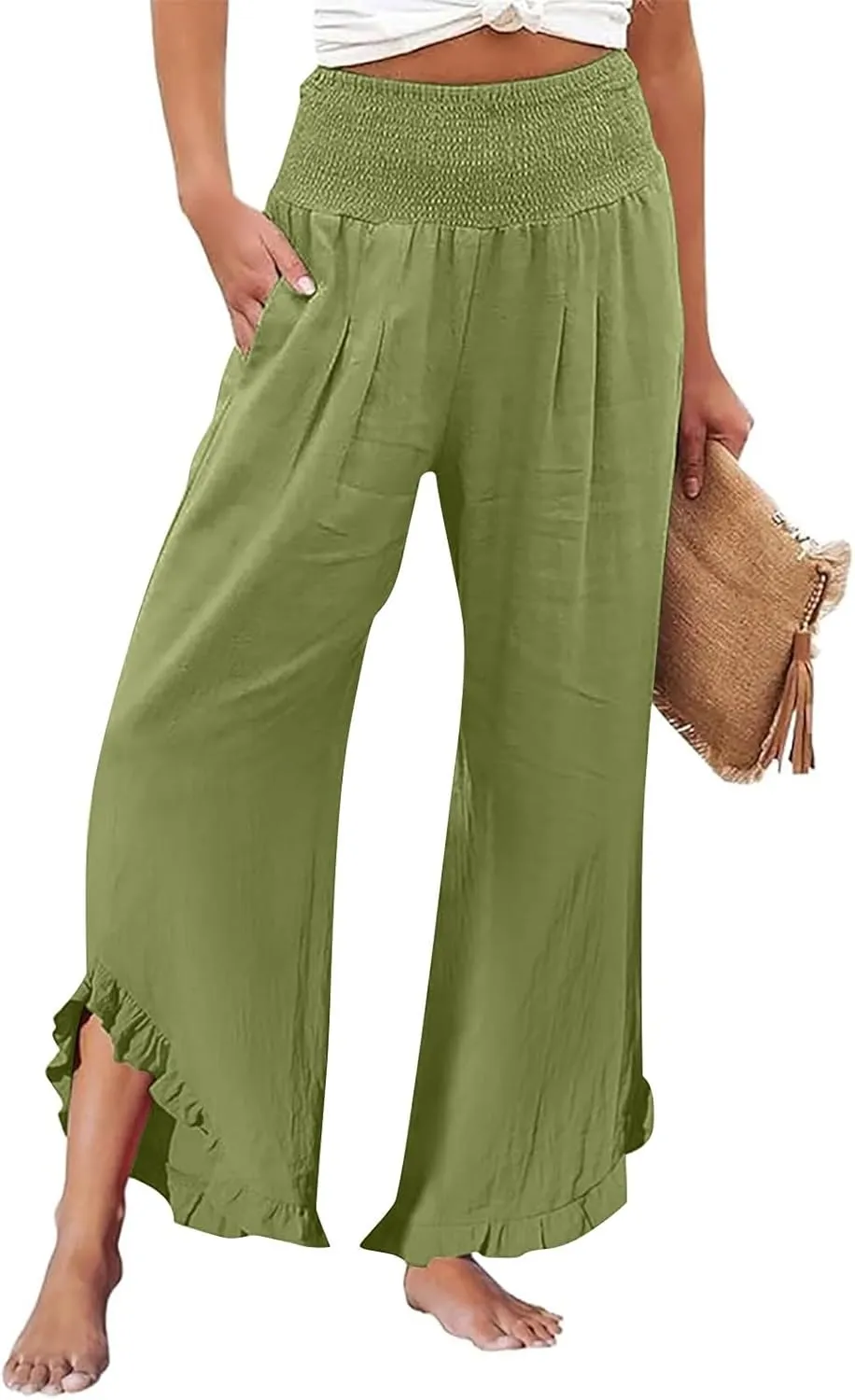 Linen Palazzo Pants for Women 2025 High Waist Summer Wide Leg Pants Lightweight Drawstring Smocked Lounge Trousers