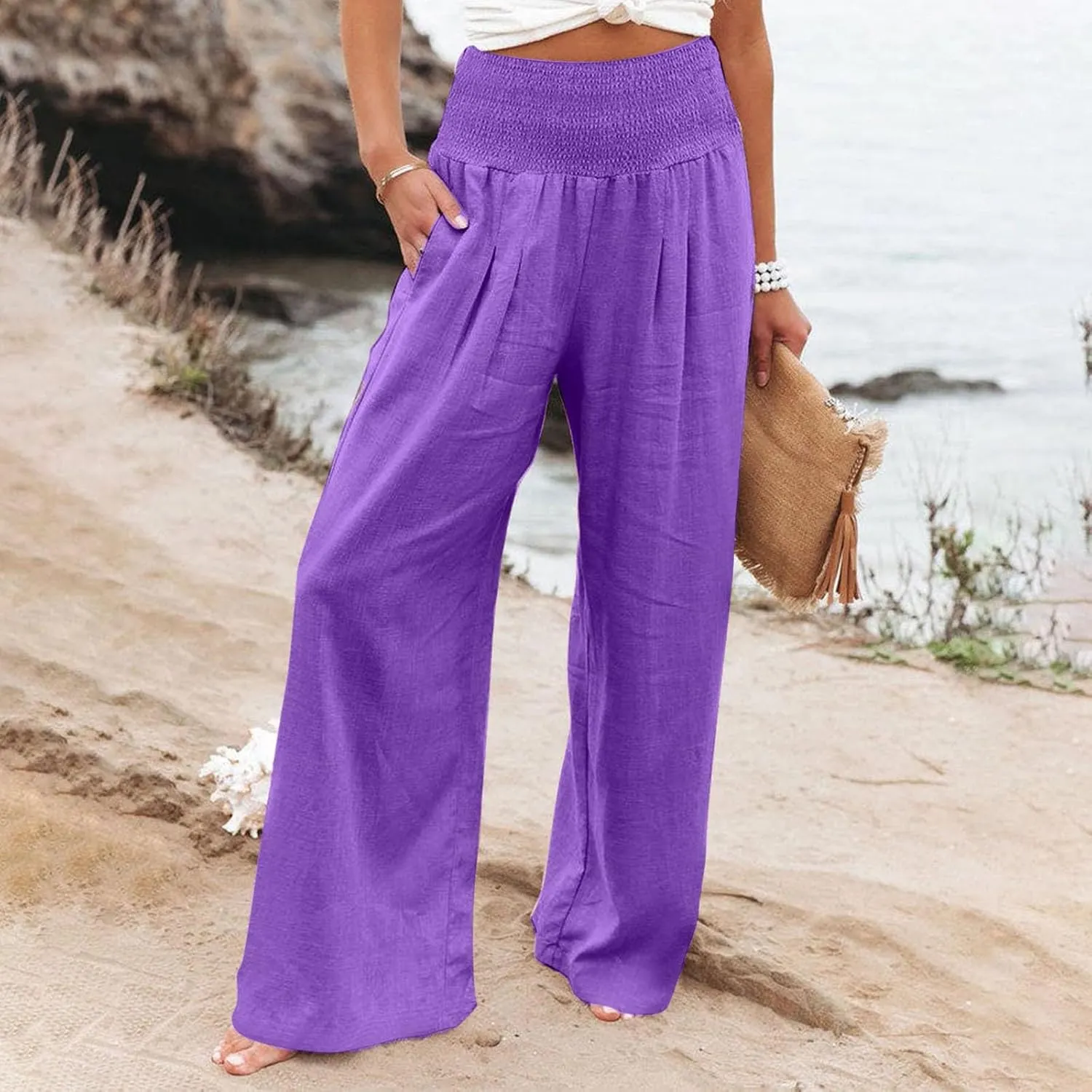 Linen Palazzo Pants for Women 2025 Summer Casual Loose Wide Leg Lounge Pant Beach Travel Vacation Outfits