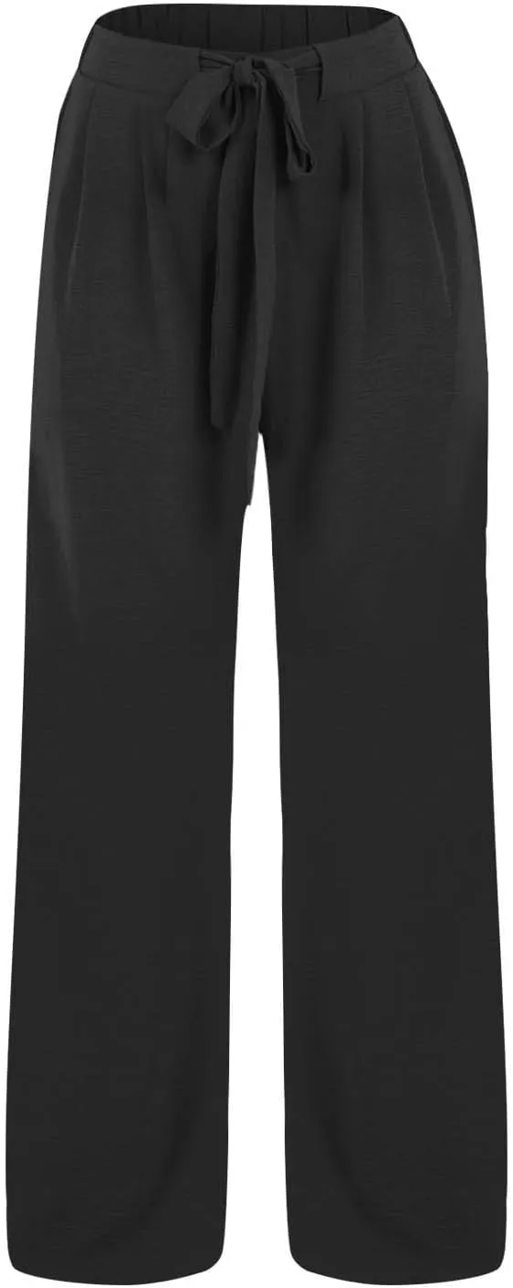 Linen Palazzo Pants for Women Dressey Casual 2025 Vacation Flowy Summer Beach Pants Trendy Tie Knot Wide Leg Trousers
