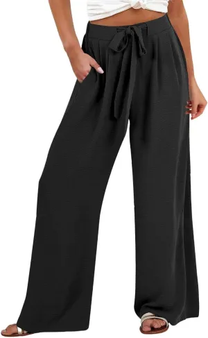 Linen Palazzo Pants for Women Dressey Casual 2025 Vacation Flowy Summer Beach Pants Trendy Tie Knot Wide Leg Trousers