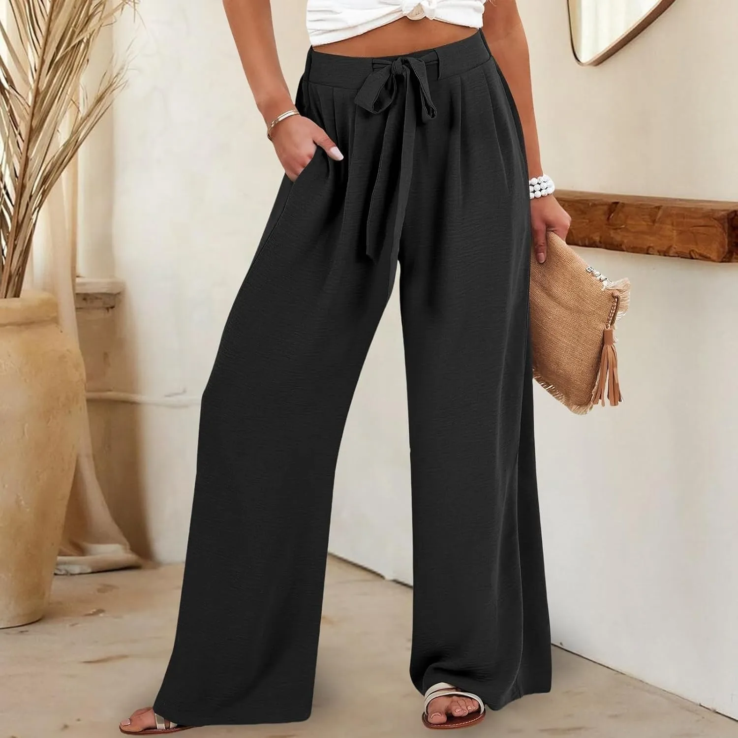 Linen Palazzo Pants for Women Dressey Casual 2025 Vacation Flowy Summer Beach Pants Trendy Tie Knot Wide Leg Trousers