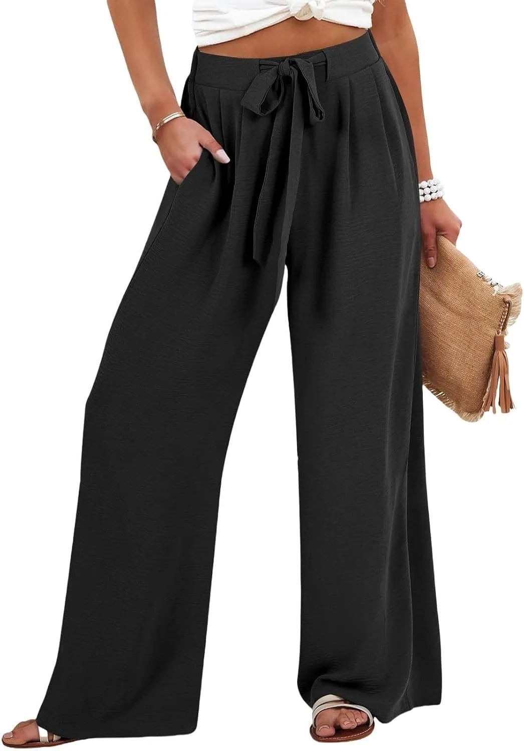 Linen Palazzo Pants for Women Dressey Casual 2025 Vacation Flowy Summer Beach Pants Trendy Tie Knot Wide Leg Trousers