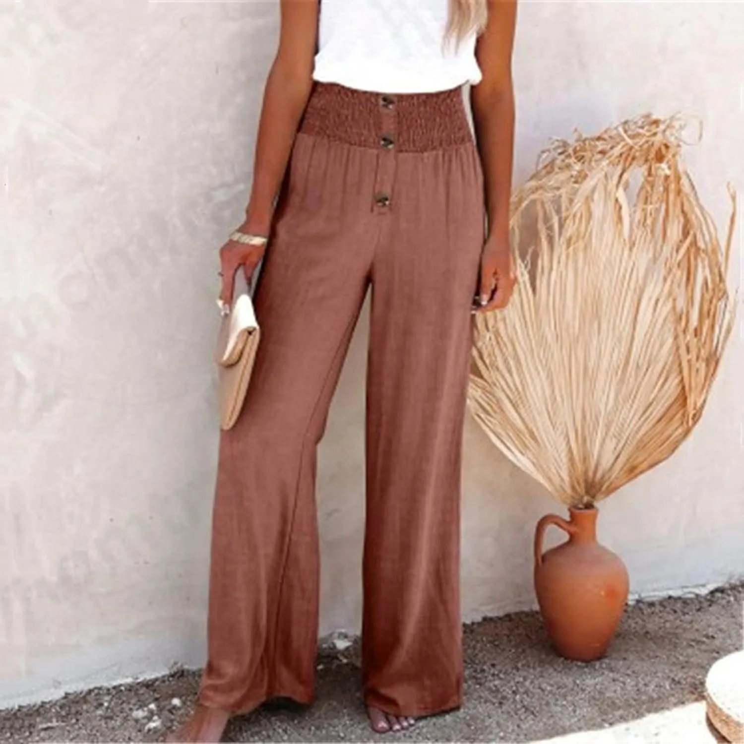 Linen Pants for Women Casual Flowy Loose Fit Wide Leg Trousers Summer High Waisted Beach Palazzo Pants with Pockets