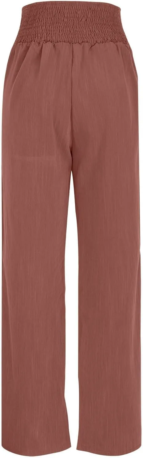 Linen Pants for Women Casual Flowy Loose Fit Wide Leg Trousers Summer High Waisted Beach Palazzo Pants with Pockets