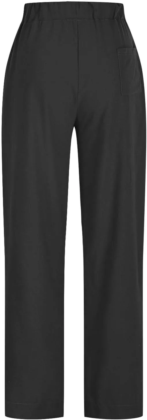 Linen Pants for Women Pleated Elastic Waist Drawstring Womens Summer Pants with Pockets High Waisted Palazzo Trousers