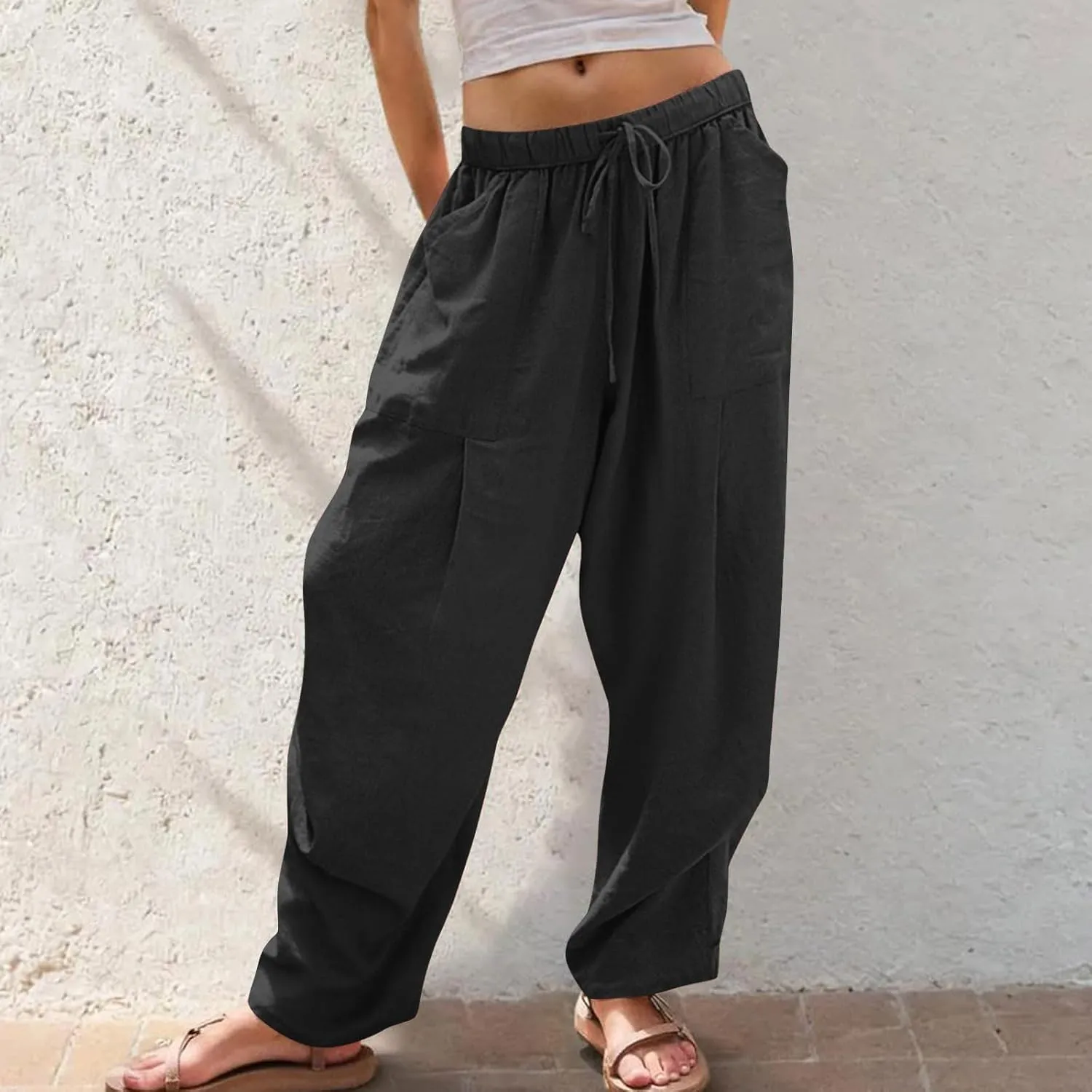 Linen Pants for Women Pleated Elastic Waist Drawstring Womens Summer Pants with Pockets High Waisted Palazzo Trousers