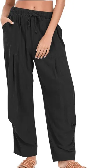 Linen Pants for Women Pleated Elastic Waist Drawstring Womens Summer Pants with Pockets High Waisted Palazzo Trousers