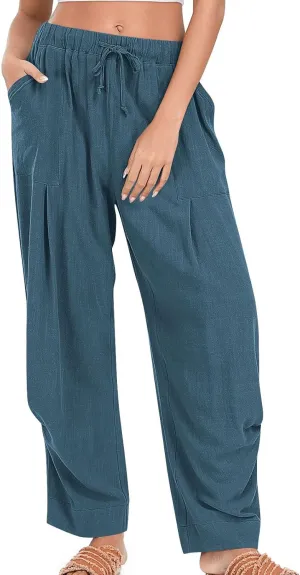 Linen Pants for Women Pleated Elastic Waist Drawstring Womens Summer Pants with Pockets High Waisted Palazzo Trousers