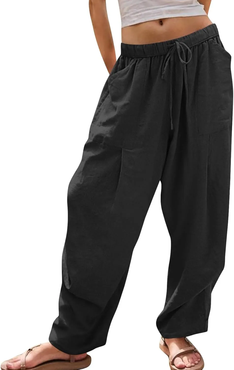 Linen Pants for Women Pleated Elastic Waist Drawstring Womens Summer Pants with Pockets High Waisted Palazzo Trousers