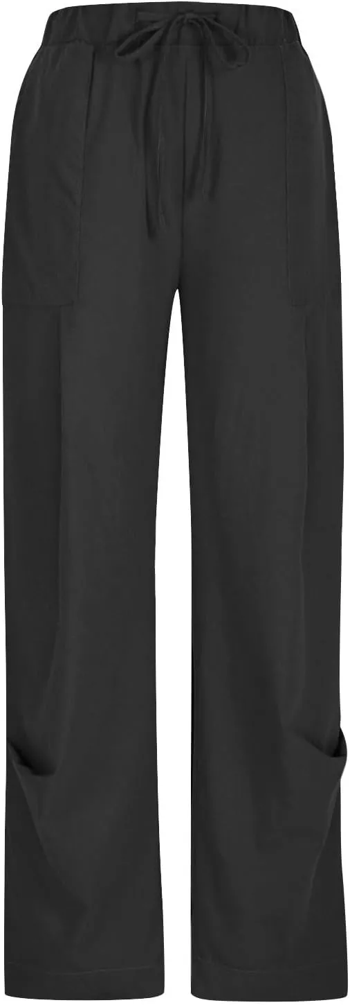 Linen Pants for Women Pleated Elastic Waist Drawstring Womens Summer Pants with Pockets High Waisted Palazzo Trousers