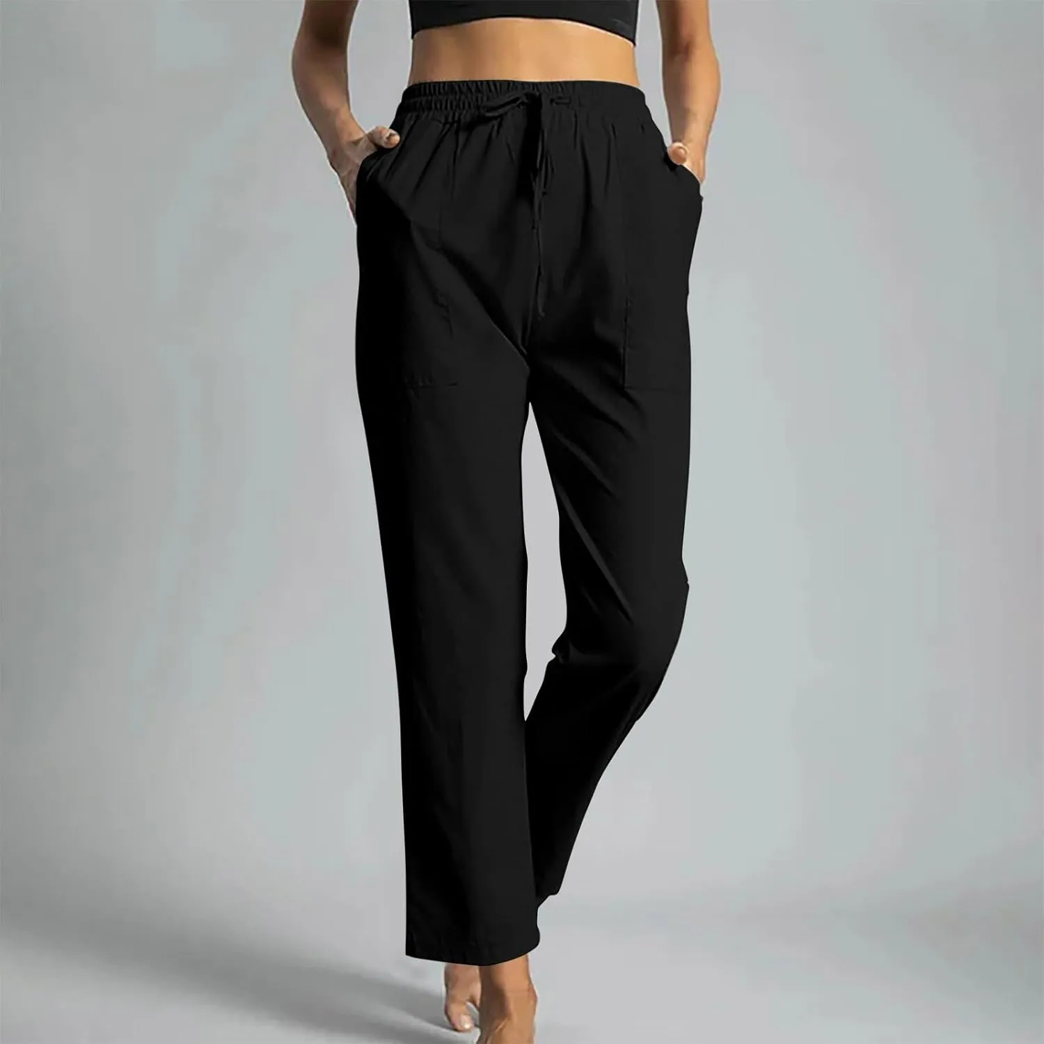 Linen Pants for Women Straight Leg Womens Lounge Pants with Pockets Solid Color Elastic Waisted Beach Summer Trousers