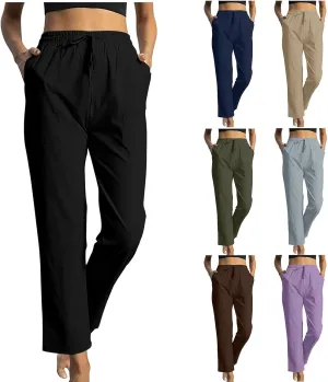 Linen Pants for Women Straight Leg Womens Lounge Pants with Pockets Solid Color Elastic Waisted Beach Summer Trousers
