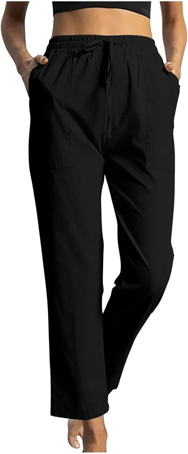 Linen Pants for Women Straight Leg Womens Lounge Pants with Pockets Solid Color Elastic Waisted Beach Summer Trousers
