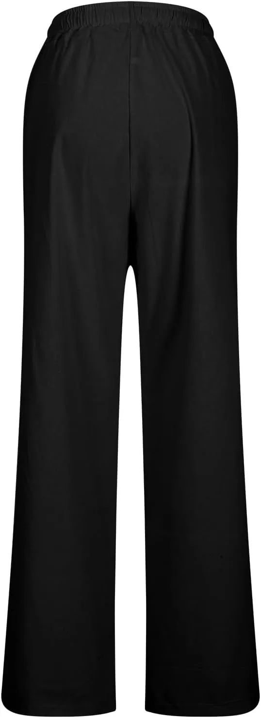 Linen Pants for Women Straight Leg Womens Lounge Pants with Pockets Solid Color Elastic Waisted Beach Summer Trousers