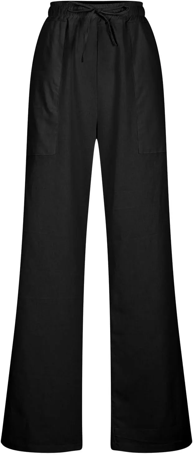 Linen Pants for Women Straight Leg Womens Lounge Pants with Pockets Solid Color Elastic Waisted Beach Summer Trousers
