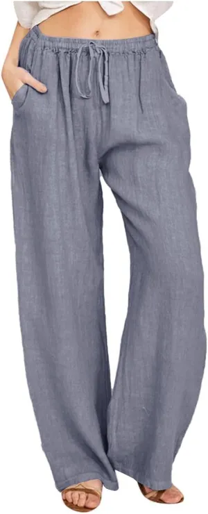 Linen Pants for Women Summer Beach Wide Leg Lounge Pant Elastic Drawstring Casual Trousers with Pockets